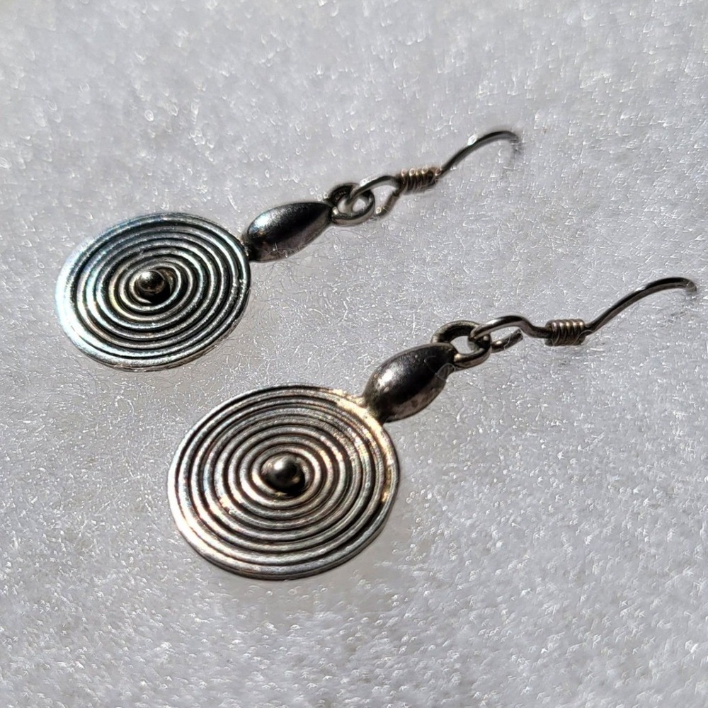 925 Sterling Silver Spiral Drop Earrings Vintage Boho Concentric Circle